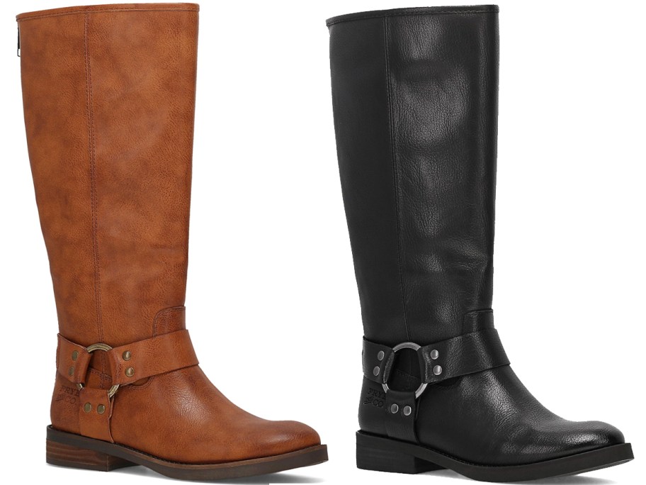 brown and black tall leather boots