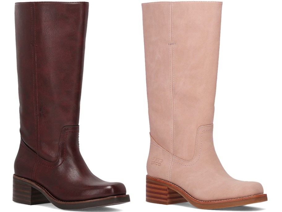 dark brown and light pink tall leather boots