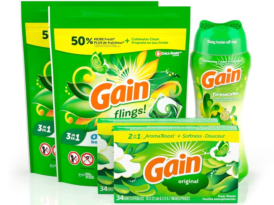 Gain Laundry Bundle with laundry detergent pods, dryer sheets, and bottle of scent beads