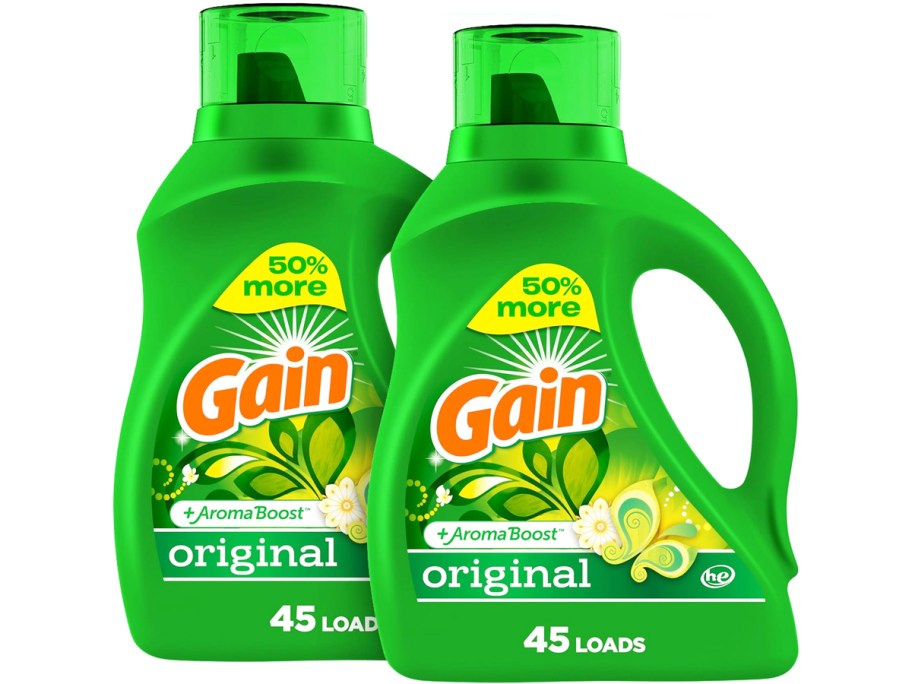 two green bottles of gain laundry detergent