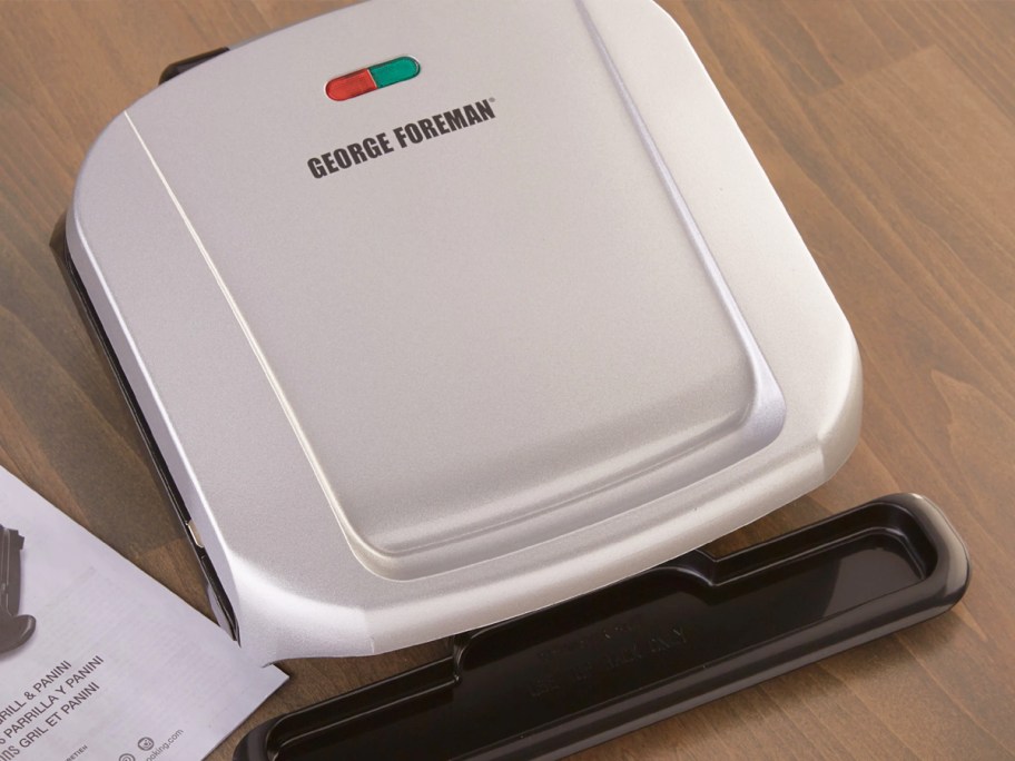 silver George Foreman grill on kitchen counter