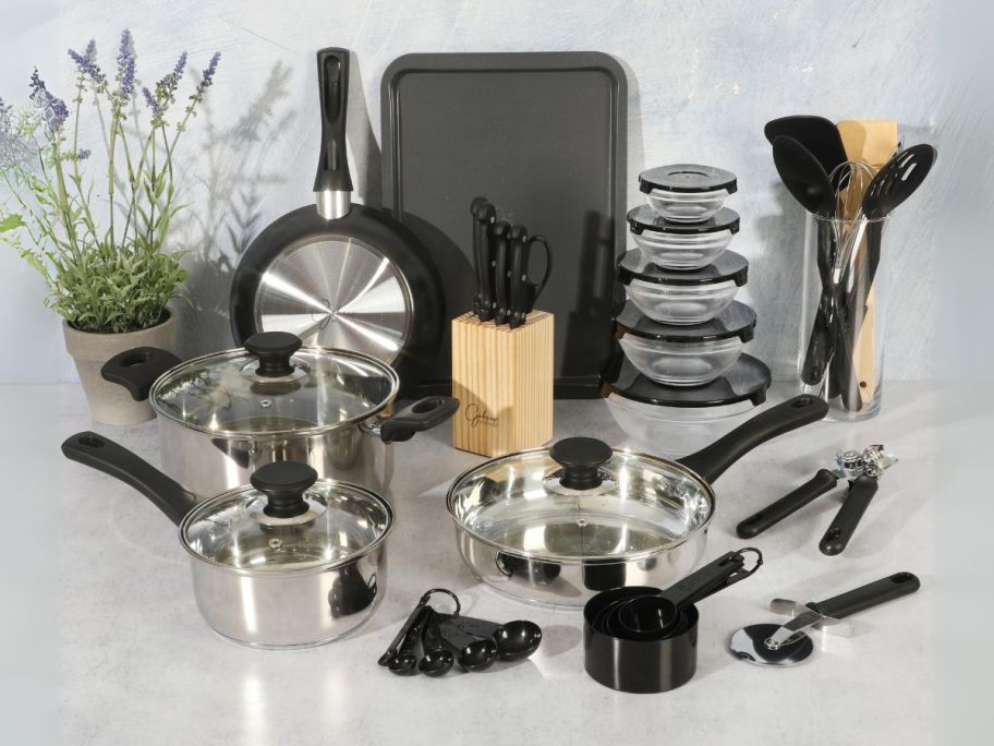 Gibson Home 71-Piece Stainless Silver Cookware Combo Set on counter