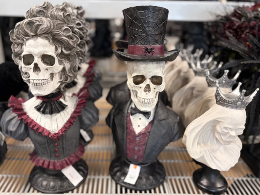 Gothic Graveyard Female and Male Skull Busts, Skull Bust Figural with Crown