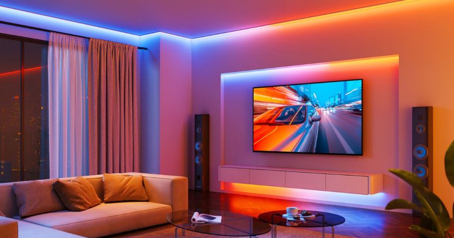 Govee Strip Lights Accenting a TV and ceiling in a living room