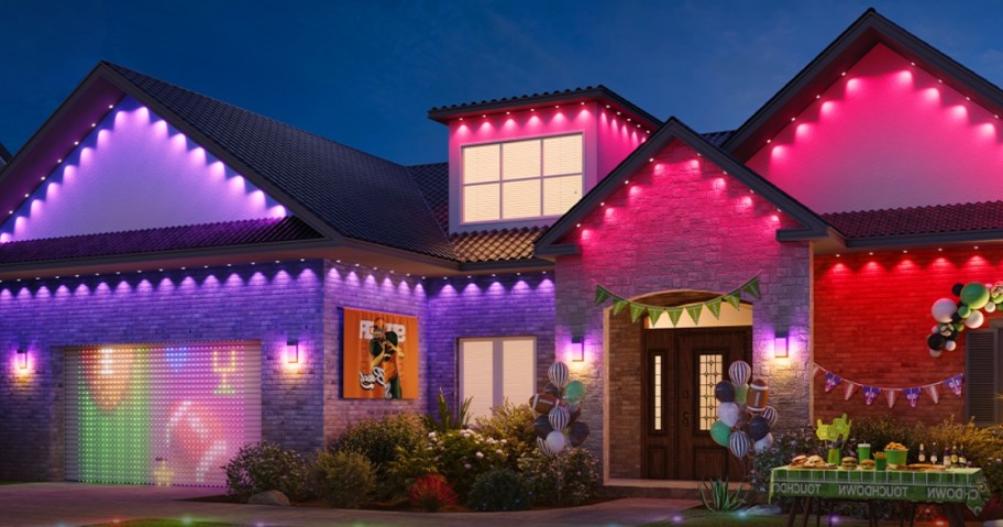 house decorated for a birthday with colorful permanent lights