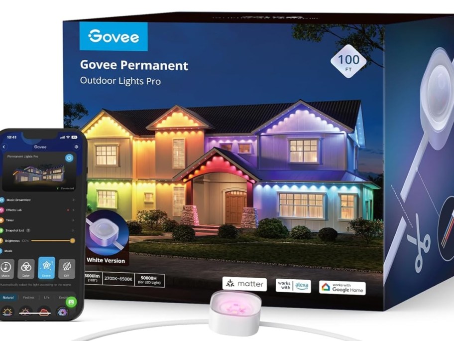 box with Govee outdoor lights next to a smart phone