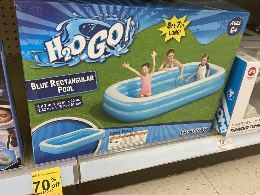 An H2OGo Pool on the shelf at Walgreens with a 70% Off tag