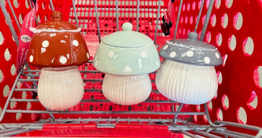 3 mushroom shaped canisters in a Target cart