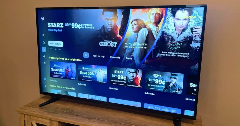 large TV with Amazon Prime Video showing options for 99¢ channel subscriptions