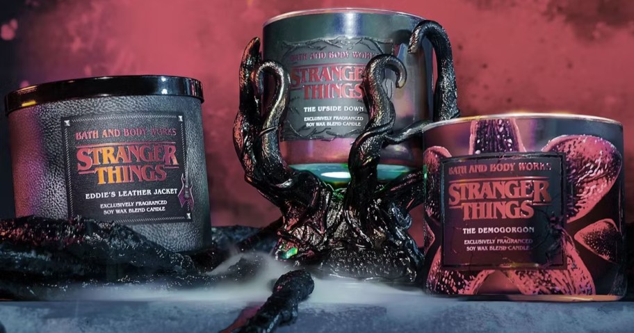 image of Bath & Body Works candle, candle holder, and foaming hand soap in the new Stranger Things The Upside Down Collection