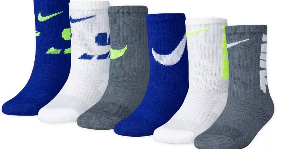 6 Nike kids socks in white, blue and grey