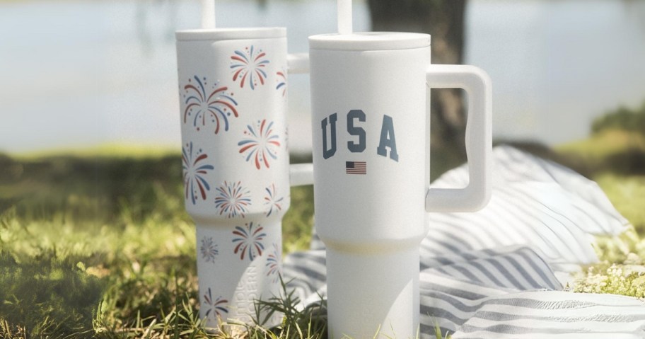 Simple Modern 4th of July Tumblers with handles - white with USA and white with fireworks