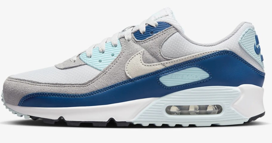 white, grey and blue men's Nike Air Max shoe