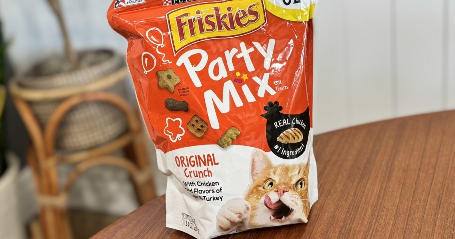 bag of Friskies Party Mix Cat Treat Sample on a kitchen table