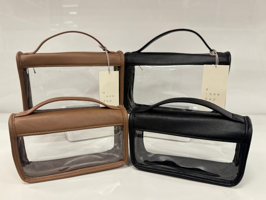 brown and clear and black and clear Travel Pouch sets with handles