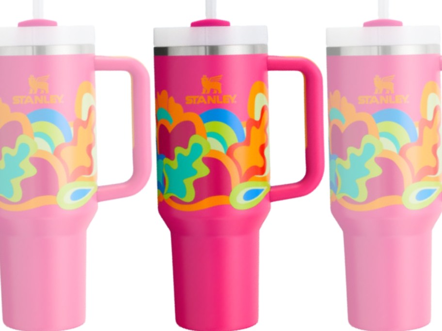 3 hot pink Stanley Tumblers with neon color wave design