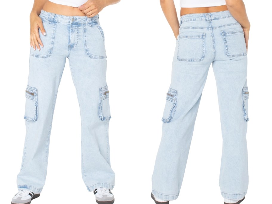 image showing the front and back of a pair of light wash cargo jeans on a woman