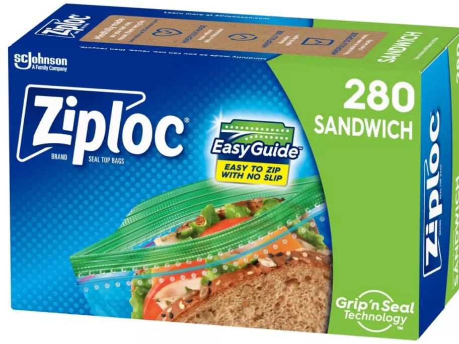 blue and green box of Ziploc Sandwich Bags 280-Count