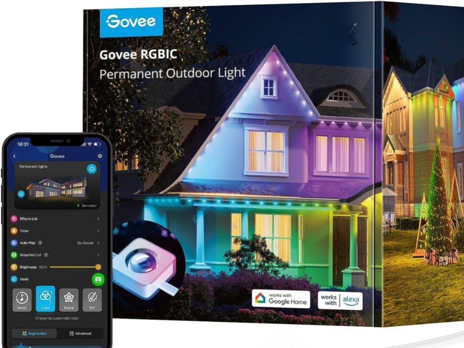 box of Govee Outdoor Permanent Lights next to a smartphone