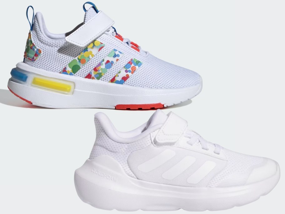 kid's adidas shoes, 1 in white with primary color accents and the other in solid white