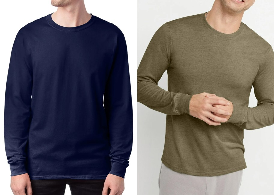 Men wearing Hanes Men's Long-Sleeve T-Shirt Cotton Tee and Hanes Originals Mens Cotton Long-Sleeve T-Shirt