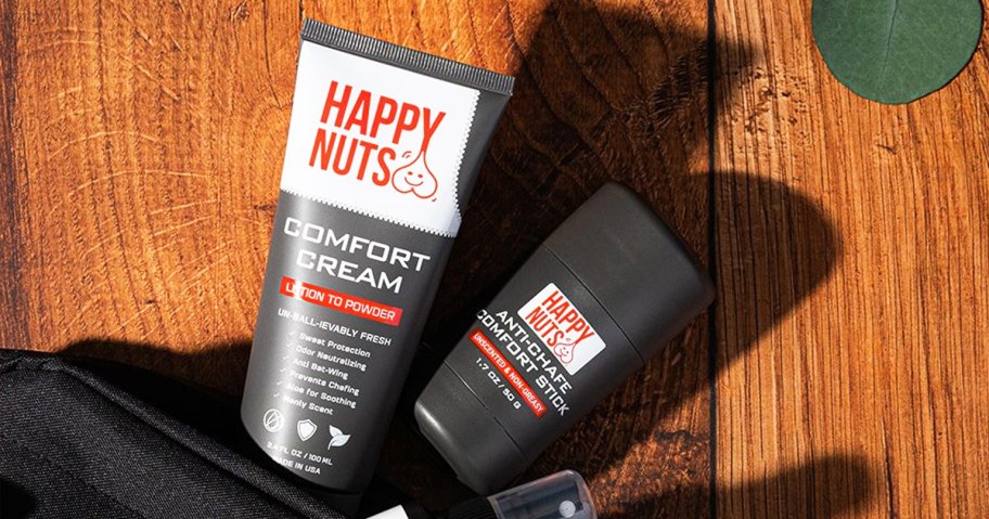 Happy Nuts Comfort Cream and Anti-Chafe Stick coming out from travel bag