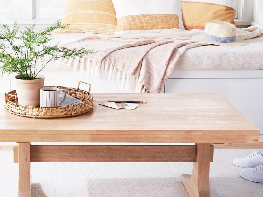 wood coffee table with tray and plant on top