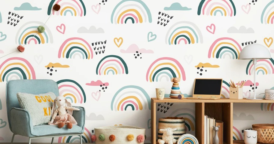rainbow print wallpaper in kids room