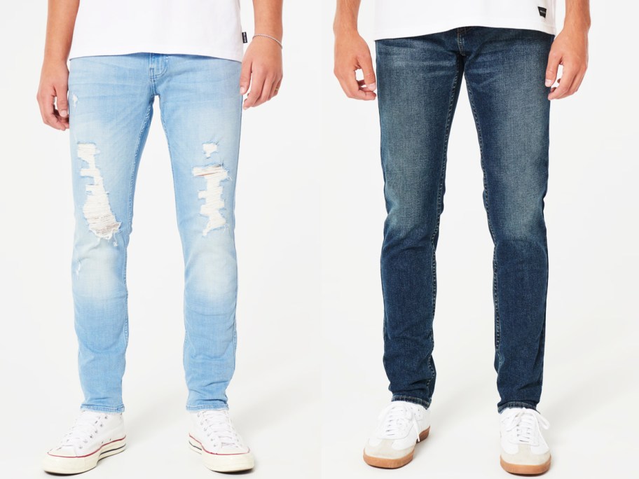 Two men wearing light and dark colored jeans