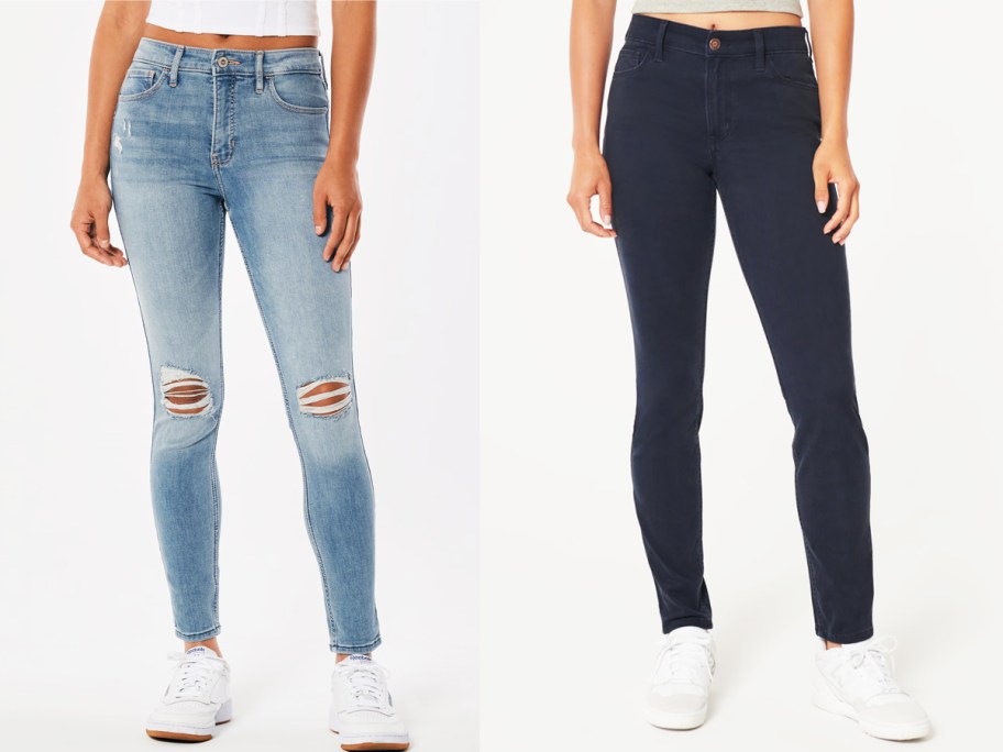 Two women wearing light and dark navy jeans