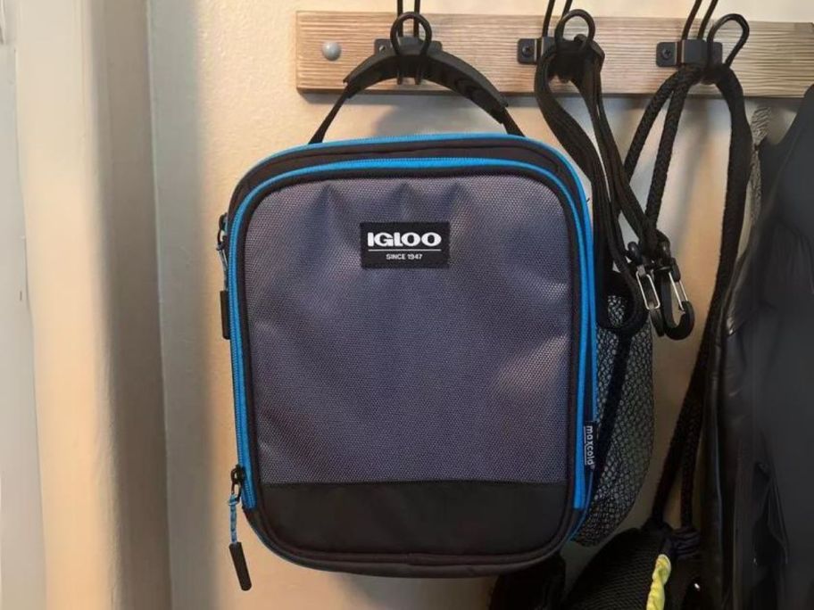 Igloo MaxCold Vertical Classic Molded Lunch Bag hanging on hook