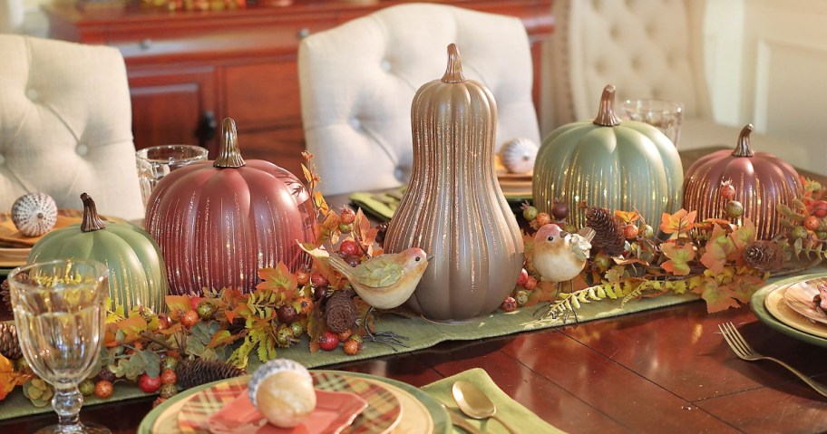 Illuminated Starry Night Glass Pumpkins by Valerie on a decorated fall table