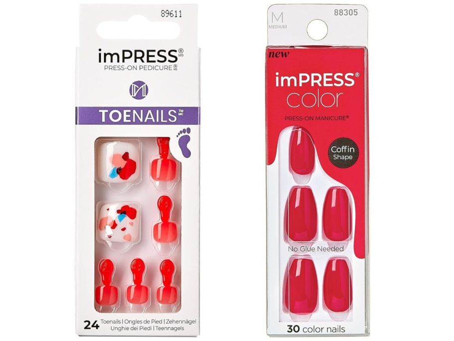 Impress toenails and manicure in red