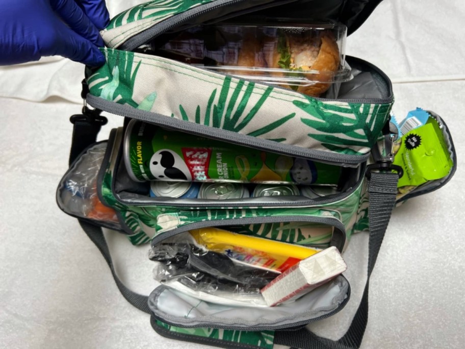 tropical print lunch bag / mini cooler with compartments open showing how much food it can hold