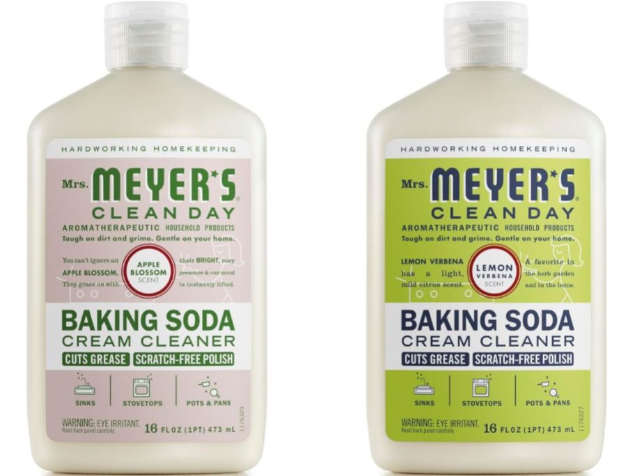 Stock images of two bottles of Mrs Meyer's Clean Day Baking Soda Cream Cleaner