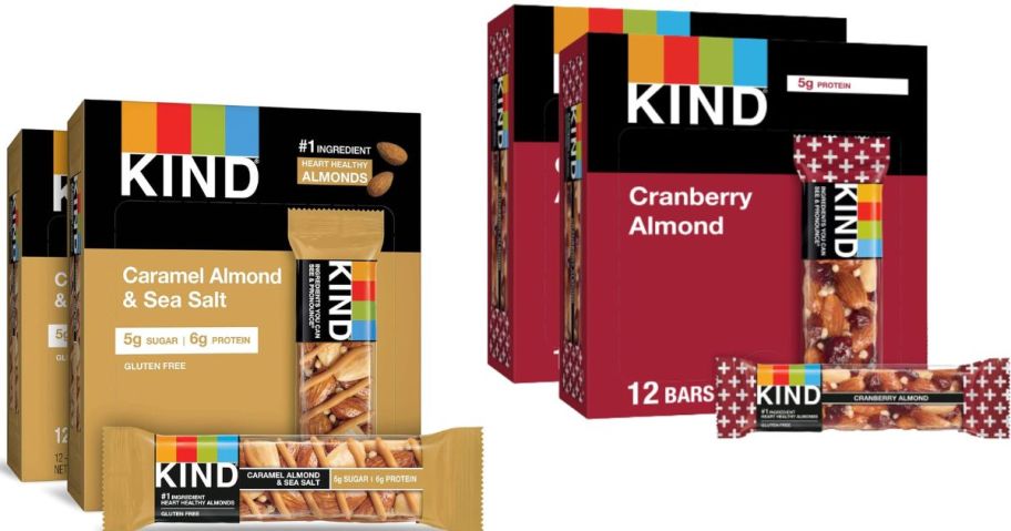 Stock images of two 24-coint boxes of Kind bars in Caramel Almond Sea Salt and Cranberry Almond Flavors