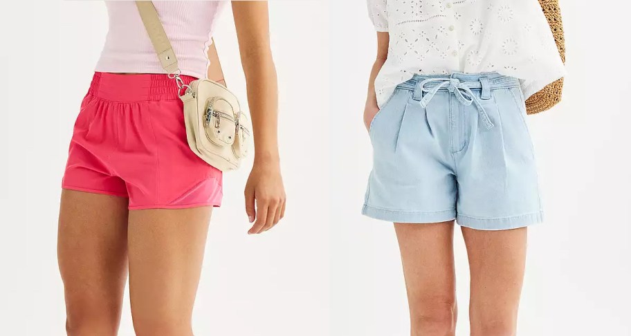 two women wearing pink and blue shorts