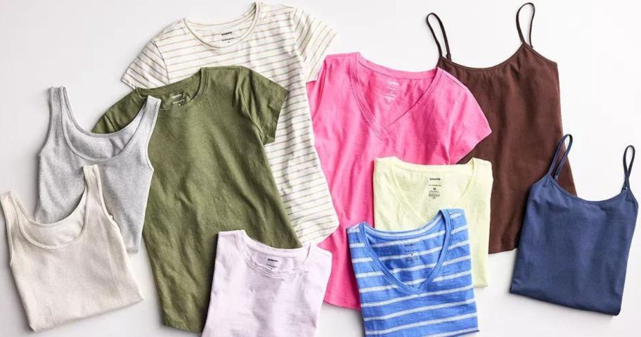 Several different styles of women's tanks and tees from Kohls