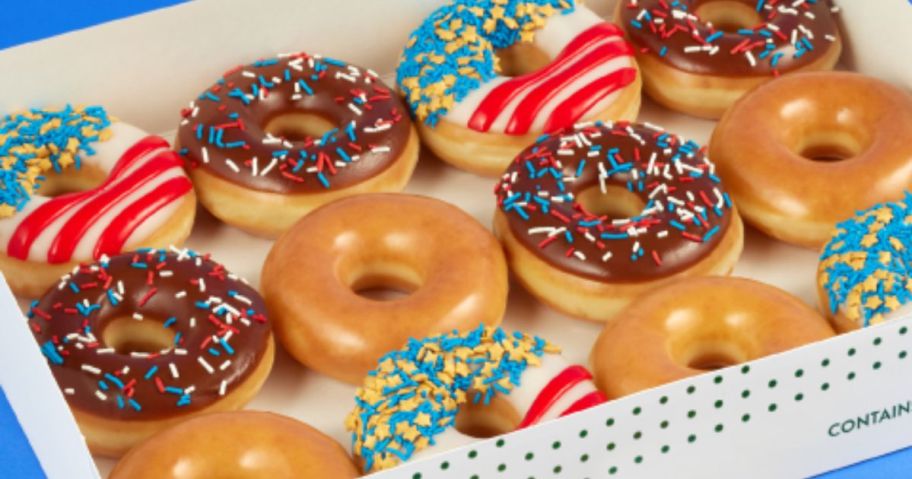 A box of patriotic Krispy Kreme doughnuts 
