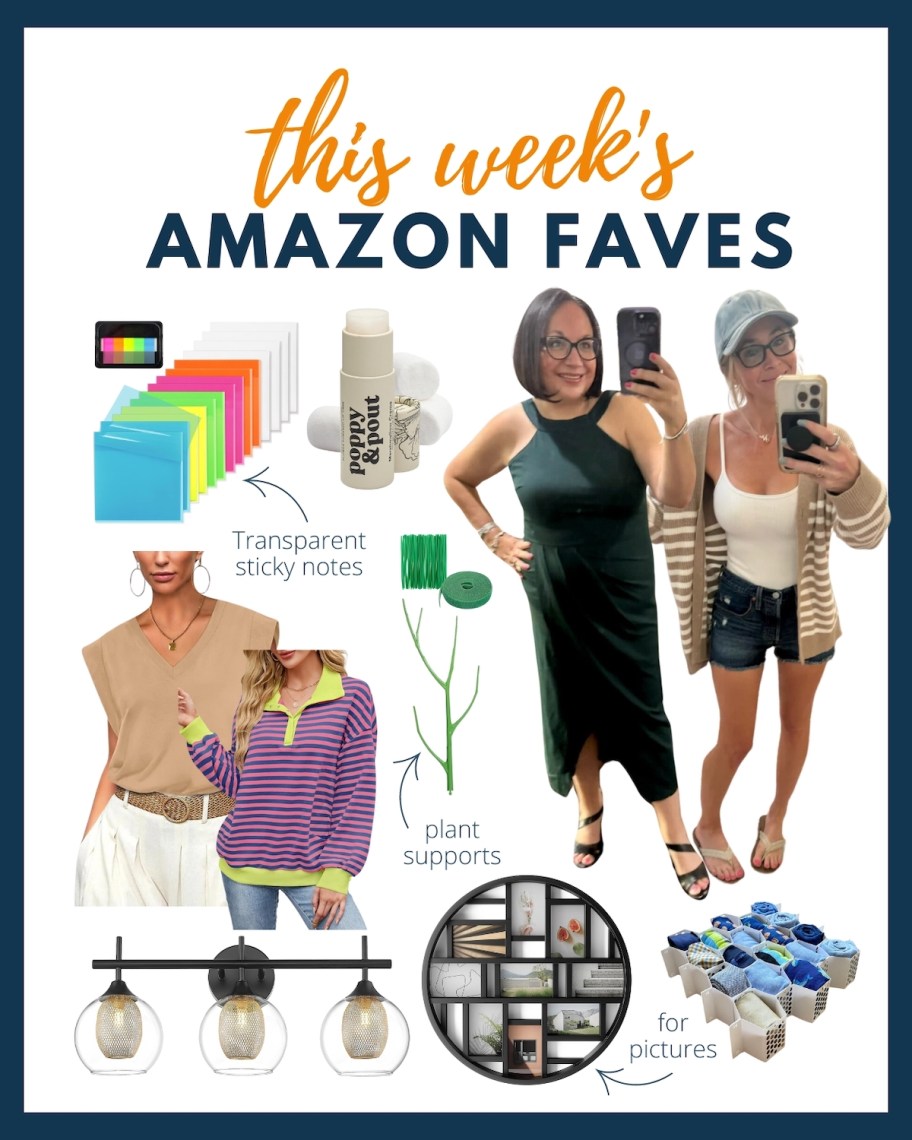 collage of stock photos and women wearing clothes from this weeks amazon faves