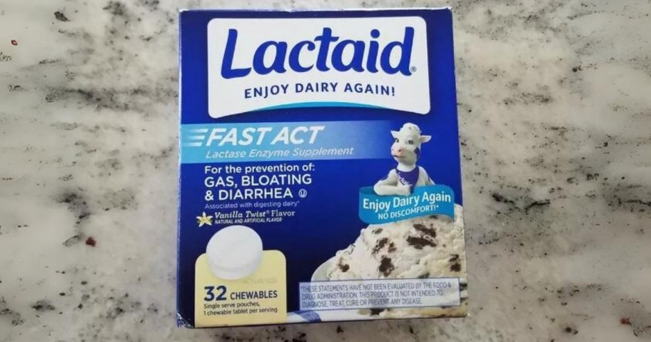 blue and white box of Lactaid Fast Act Chewables w Enzymes, Vanilla Twist flavor on a granite countertop