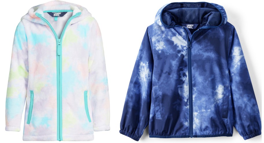 pastel fleece zip-up and blue tie dye rain jacket