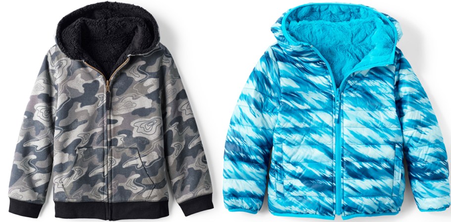 grey fleece and blue puffer jackets