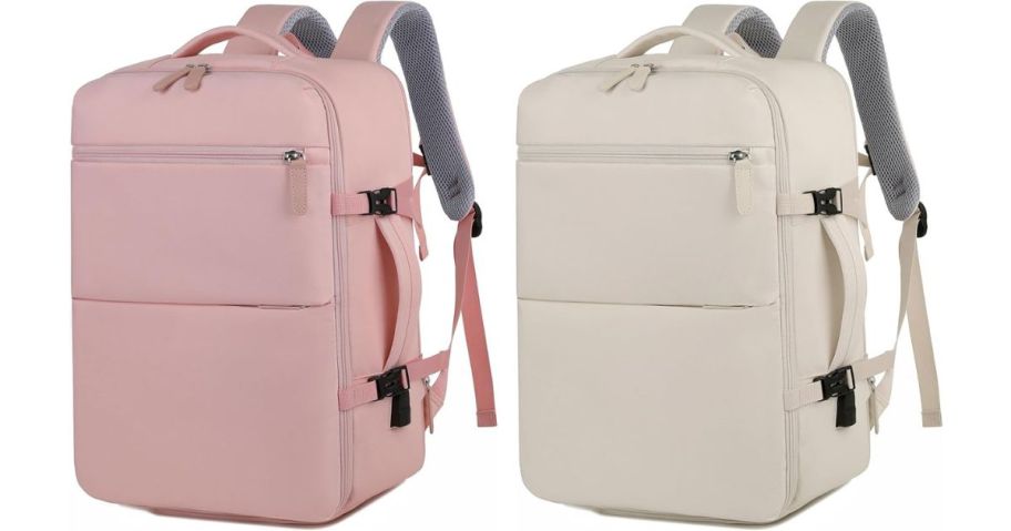 2 travel backpacks: one in pink and the other in white