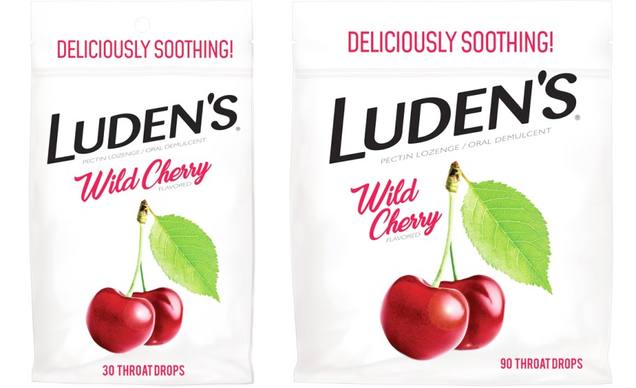 two white bags of Luden’s Wild Cherry Throat Drops