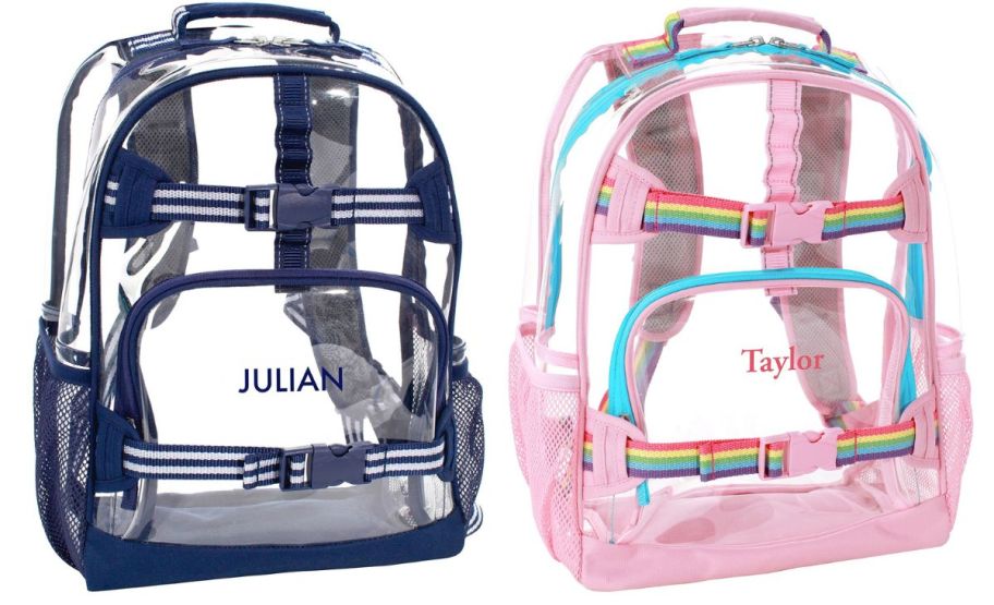 two clear backpacks, one with blue trim and one with pink