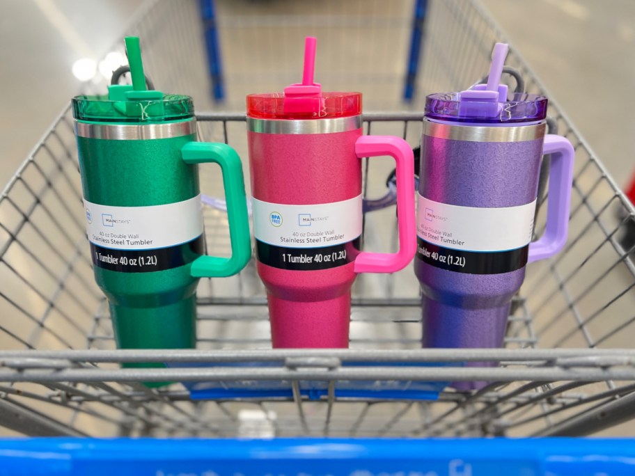 Mainstays 40 oz Stainless Steel Tumbler in colors inside of Walmart cart