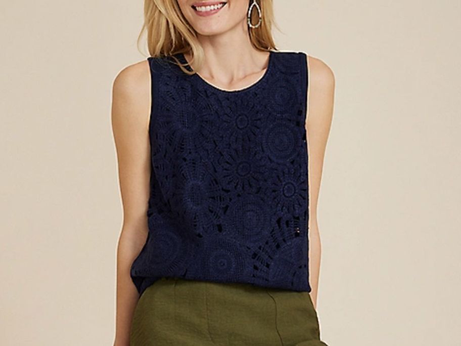 woman wearing a maurices crochet front tank top