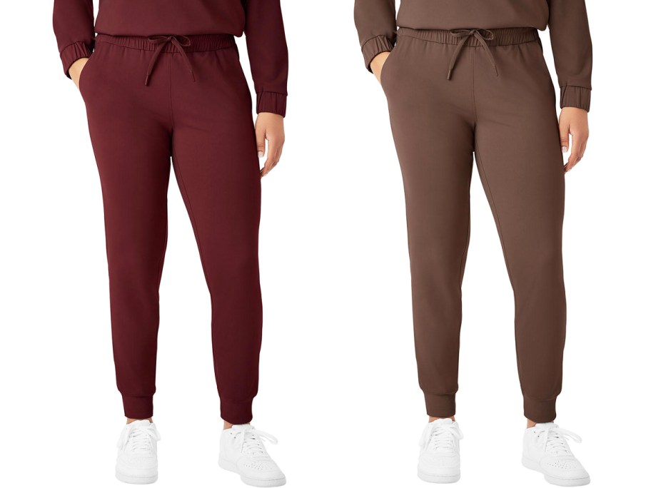 two women in maroon and brown joggers