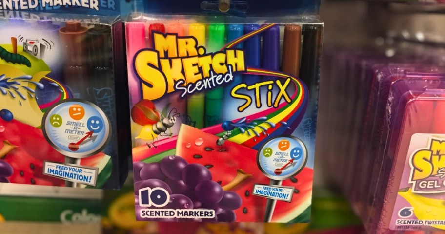 box of mr. sketch scented fine tip markers hanging in store
